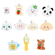 44Pcs 11 Styles Opaque Resin Pendants, with Platinum Tone Iron Loops, Brush & Rabbit & Dumpling Charm, Mixed Shapes, Mixed Color, 13~32x11.5~25x6~9mm, Hole: 2mm, 4pcs/style(RESI-FH0001-49)