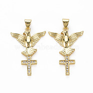 Brass Micro Pave Clear Cubic Zirconia Pendants, Nickel Free, Eagle with Cross, Real 18K Gold Plated, 29.5x21x3mm, Hole: 3x5mm(ZIRC-N039-196-NF)