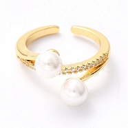 Brass Micro Pave Clear Cubic Zirconia Cuff Rings, Open Rings, with Shell Pearl Round Beads, Long-Lasting Plated, Real 18K Gold Plated, US Size 6 3/4(17.1mm), Inner Diameter: 17mm(RJEW-F114-01G)