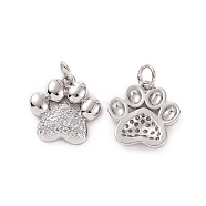 Rack Plating Brass Micro Pave Cubic Zirconia Charms, with Jump Ring, Long-Lasting Plated, Cadmium Free & Lead Free, Dog's Paw Print Charm, Platinum, 15x14.5x3mm, Hole: 3mm(KK-C008-36P)
