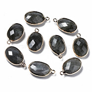 Natural Labradorite Pendants, with Golden Plated Brass Edge and Loop, Rack Plating, Faceted, Oval, 18.5x11x5.5mm, Hole: 1.6mm(G-Q998-020A)
