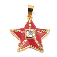 Brass Micro Pave Clear Cubic Zirconia Pendants, with Enamel, Long-Lasting Plated, Real 18K Gold Plated, Star, Red, 25.5x24.5x5mm, Hole: 3.5x5.5mm(ZIRC-J025-30G-01)
