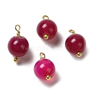 Dyed Natural Agate Round Charms with Real 18K Gold Plated Brass Loops, Camellia, 13.5~14x7.5~8.5mm, Hole: 1.5~1.6mm(KK-P242-09B-G02)