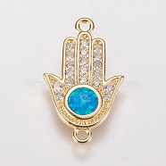Brass Micro Pave Cubic Zirconia Links, with Synthetic Opal, Hamsa Hand/Hand of Fatima/Hand of Miriam, Golden, Deep Sky Blue, 19.5x11.5x1.5mm, Hole: 1mm(KK-E735-18G-A)