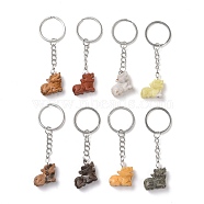 Lion Natural Gemstone Keychain, Stone Lucky Pendant Keychain, with Iron Findings, 8.4cm(KEYC-G055-05P)