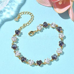 Brass Link Chain Bracelets, Heart, with Cubic Zirconia and Glass, Nickel Free, Real 18K Gold Plated, 6-3/4 inch(17.2cm)(BJEW-D378-05G)