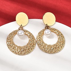 304 Stainless Steel Dangle Stud Earrings, with Plastic, Flat Round, Real 18K Gold Plated, 49x30mm(EJEW-K296-09G)