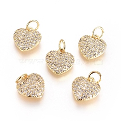 Brass Micro Pave Cubic Zirconia Pendants, with Jump Ring, Long-Lasting Plated, Heart, Clear, Real 18K Gold Plated, 10.5x10x2.5mm, Hole: 3mm(ZIRC-G166-25G)