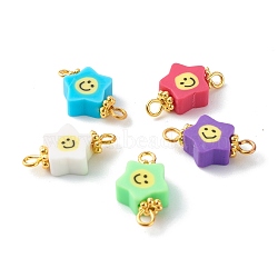 Handmade Polymer Clay Star Smiling Face Link, with Golden Iron Eye Pin and Alloy Daisy Spacer Beads, Mixed Color, 17.5x9x4.5mm, Hole: 1.8mm(PALLOY-JF00786)