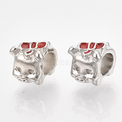 Alloy European Beads, with Red Enamel, Large Hole Beads, Piggy with Bowknot, Platinum, 9x11x8.5mm, Hole: 5mm(MPDL-S067-60P)