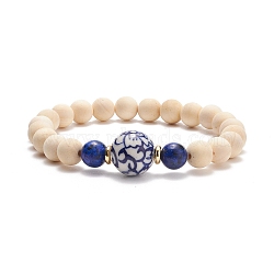 Natural Wood  & Lapis Lazuli(Dyed) & Porcelain Round Beaded Stretch Bracelet, Yoga Jewelry for Women, Old Lace, Inner Diameter: 2-1/8 inch(5.5cm)(BJEW-JB08205)