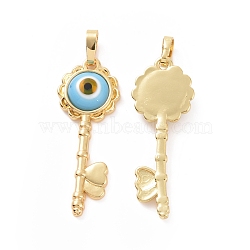 Handmade Evil Eye Lampwork Pendants, with Real 18K Gold Plated Tone Brass Findings, Key Charm, Light Sky Blue, 33x12x4mm, Hole: 4x6mm(ZIRC-F136-05G-06)