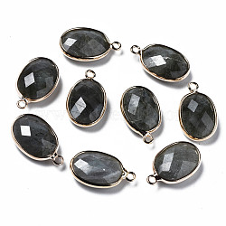 Natural Labradorite Pendants, with Golden Plated Brass Edge and Loop, Rack Plating, Faceted, Oval, 18.5x11x5.5mm, Hole: 1.6mm(G-Q998-020A)
