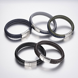 Braided Leather Cord Bracelets, with 304 Stainless Steel Magnetic Clasps, Mixed Color, 8-5/8 inch(220mm), 29x14x8mm(BJEW-H561-07)