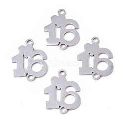 201 Stainless Steel Links connectors, Laser Cut, Number 16, Stainless Steel Color, 17.5x13.5x1mm, Hole: 1.6mm(STAS-R104-016P)