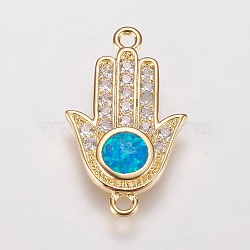 Brass Micro Pave Cubic Zirconia Links, with Synthetic Opal, Hamsa Hand/Hand of Fatima/Hand of Miriam, Golden, Deep Sky Blue, 19.5x11.5x1.5mm, Hole: 1mm(KK-E735-18G-A)