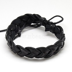 Trendy Unisex Casual Style Braided Waxed Cord and Leather Bracelets, Black, 58mm(BJEW-L297-06)