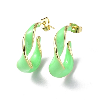 Enamel Twist Stud Earrings, Real 18K Gold Plated Brass Half Hoop Earrings for Women, Lawn Green, 25x21x9mm, Pin: 0.8mm