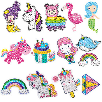 Unicorn/Mermaid/Rainbow DIY Diamond Painting Sticker Kit, Including Resin Rhinestones Bag, Diamond Sticky Pen, Tray Plate and Glue Clay, Mixed Color, 60x50mm, 14pcs/set