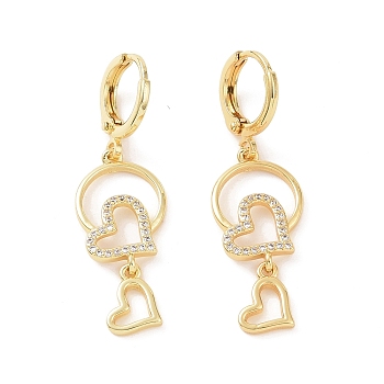 Clear Cubic Zirconia Hollow Out Heart Dangle Hoop Earrings, Brass Jewelry for Women, Golden, 39mm, Pin: 0.8mm