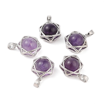 Natural Amethyst Round Pendants, Stainless Steel Star of David Charms, Stainless Steel Color, 20x15.5x10.5mm, Hole: 3x5mm