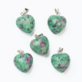 Natural Ruby in Zoisite Pendants, with Platinum Brass Loops, Heart, 18~19x15~15.5x6~8mm, Hole: 6x2.5~3mm