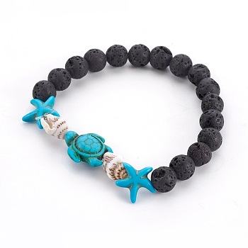Natural Lava Rock Beads Stretch Bracelets, with Synthetic Turquoise(Dyed) Beads and Spiral Shell Beads, 2-1/4 inch(5.7cm)
