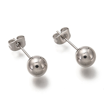 304 Stainless Steel Ball Stud Earrings, with 316 Stainless Steel Pin & Earring Backs, Round, Stainless Steel Color, 19x7mm, Pin: 0.7mm