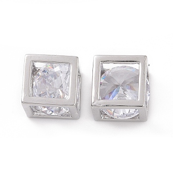 Hollow Brass Clear Cubic Zirconia Charms, Cube, Platinum, 7.5x7.5x7.5mm, Hole: 5x5mm