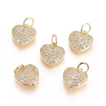 Brass Micro Pave Cubic Zirconia Pendants, with Jump Ring, Long-Lasting Plated, Heart, Clear, Real 18K Gold Plated, 10.5x10x2.5mm, Hole: 3mm
