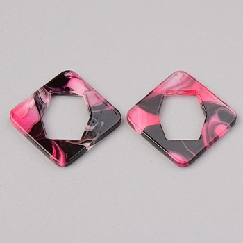 Acrylic Pendants, for DIY Bracelet Necklace Earring Jewelry Craft Making, Rhombus, Hot Pink, 34x34x2mm, Hole: 1.5mm, Side Length: 26x26mm