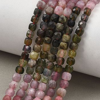 Gradient Color Natural Multicolor Tourmaline Beads Strands, Faceted, Cube, 3.5~4.5x4~4.5x4~4.5mm, Hole: 0.6~0.8mm, about 99~104pcs/strand, 15.43''(39.2cm)~15.55''(39.5cm)