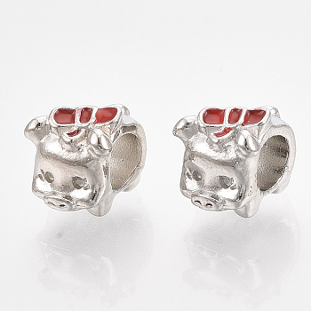 Alloy European Beads, with Red Enamel, Large Hole Beads, Piggy with Bowknot, Platinum, 9x11x8.5mm, Hole: 5mm