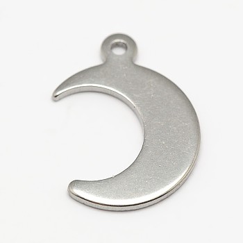 304 Stainless Steel Charms, Moon, Stainless Steel Color, 15.5x11x1mm, Hole: 1.4mm