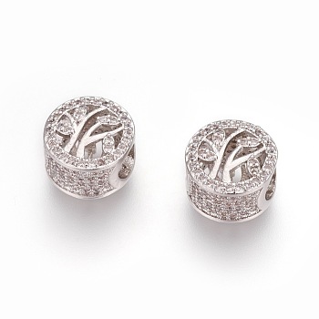Brass European Beads, with Enamel and Micro Pave Cubic Zirconia, Large Hole Beads, Flat Round with Tree, Platinum, 10.5x7.5mm, Hole: 4.2mm