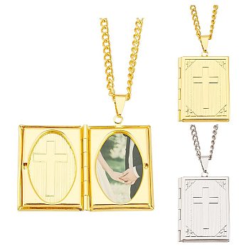 2Pcs 2 Colors Brass Rectangle with Cross Locket Necklaces Set, Photo Holder Memorial Jewelry for Men Women, Platinum & Golden, 23.62 inch(60cm), 1Pc/color