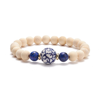 Natural Wood  & Lapis Lazuli(Dyed) & Porcelain Round Beaded Stretch Bracelet, Yoga Jewelry for Women, Old Lace, Inner Diameter: 2-1/8 inch(5.5cm)