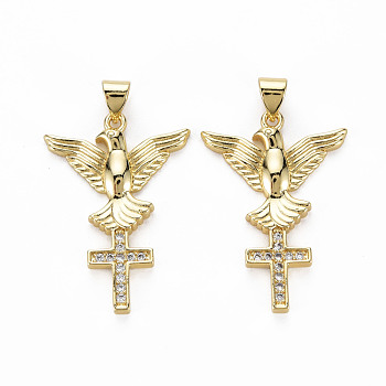 Brass Micro Pave Clear Cubic Zirconia Pendants, Nickel Free, Eagle with Cross, Real 18K Gold Plated, 29.5x21x3mm, Hole: 3x5mm