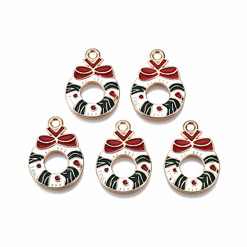 Rack Plating Alloy Enamel Pendants, Cadmium Free & Lead Free, Light Gold, Christmas Wreath with Bowknot, White, 22x16x1.5mm, Hole: 2mm