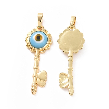 Handmade Evil Eye Lampwork Pendants, with Real 18K Gold Plated Tone Brass Findings, Key Charm, Light Sky Blue, 33x12x4mm, Hole: 4x6mm
