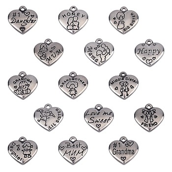 316 Stainless Steel Pendants, Heart with Word, Antique Silver, 74x72x17mm