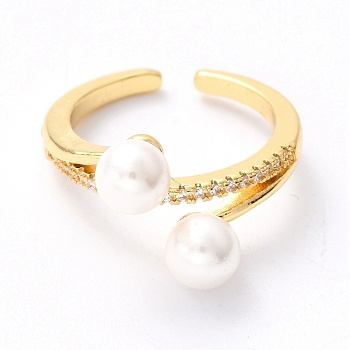 Brass Micro Pave Clear Cubic Zirconia Cuff Rings, Open Rings, with Shell Pearl Round Beads, Long-Lasting Plated, Real 18K Gold Plated, US Size 6 3/4(17.1mm), Inner Diameter: 17mm