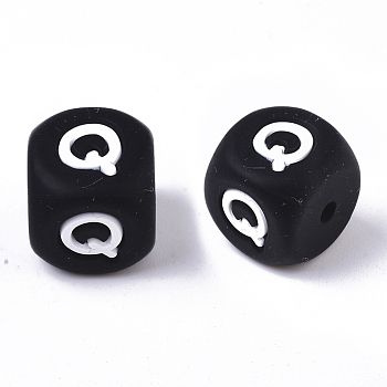 Food Grade Eco-Friendly Silicone Beads, Horizontal Hole, Chewing Beads For Teethers, DIY Nursing Necklaces Making, Cube, Black, Letter.Q, 12x12x12mm, Hole: 2mm