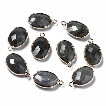 Natural Labradorite Pendants, with Golden Plated Brass Edge and Loop, Rack Plating, Faceted, Oval, 18.5x11x5.5mm, Hole: 1.6mm