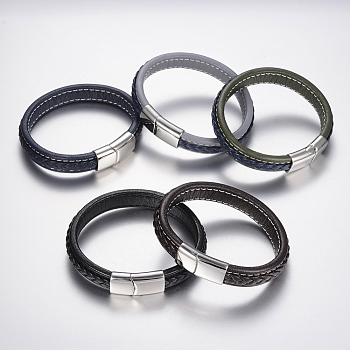 Braided Leather Cord Bracelets, with 304 Stainless Steel Magnetic Clasps, Mixed Color, 8-5/8 inch(220mm), 29x14x8mm
