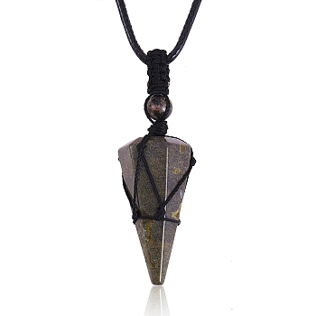 Natural Bloodstone Cone Braided Pendant Necklace, Gemstone Wrapped Jewelry for Women, 31.18 inch~33 inch(79.2~84cm)
