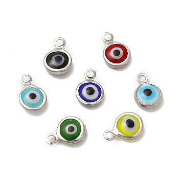 304 Stainless Steel with Glass Enamel Charms, Stainless Steel Color, Flat Round with Evil Eye Pattern, Mixed Color, 9.5x6.5x2.5mm, Hole: 1.6mm