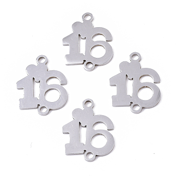 201 Stainless Steel Links connectors, Laser Cut, Number 16, Stainless Steel Color, 17.5x13.5x1mm, Hole: 1.6mm