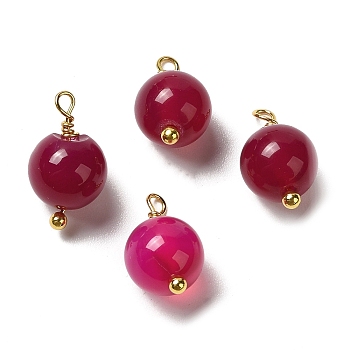 Dyed Natural Agate Round Charms with Real 18K Gold Plated Brass Loops, Camellia, 13.5~14x7.5~8.5mm, Hole: 1.5~1.6mm