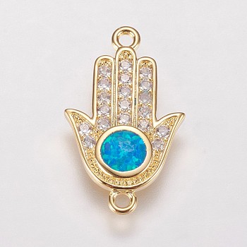 Brass Micro Pave Cubic Zirconia Links, with Synthetic Opal, Hamsa Hand/Hand of Fatima/Hand of Miriam, Golden, Deep Sky Blue, 19.5x11.5x1.5mm, Hole: 1mm